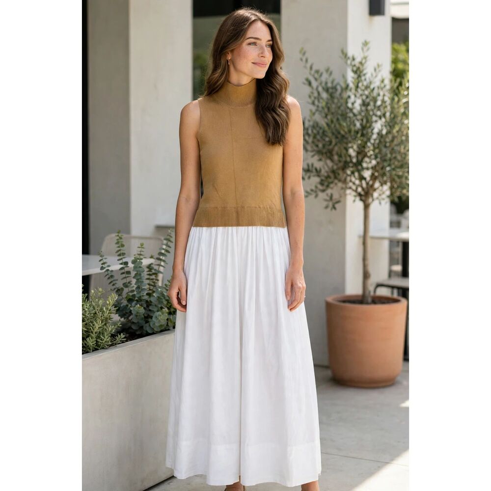 Staud Camel Knit Mock Neck white poplin mixed media Midi dress sleeveless Small